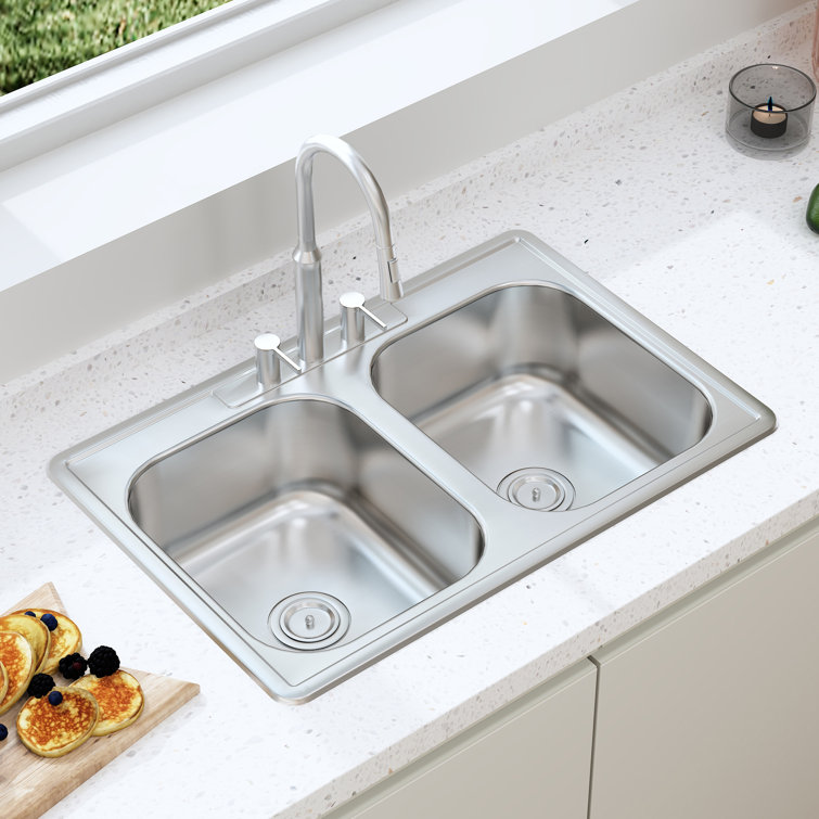 KRAUS 33 Inch Undermount Double Bowl 16 Gauge Stainless Steel Kitchen Sink With Commercial Style Kitchen Faucet & Soap Dispenser In Chrome